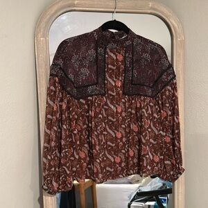 Zara Mixed Print and Lace Floral Metallic Peasant Blouse